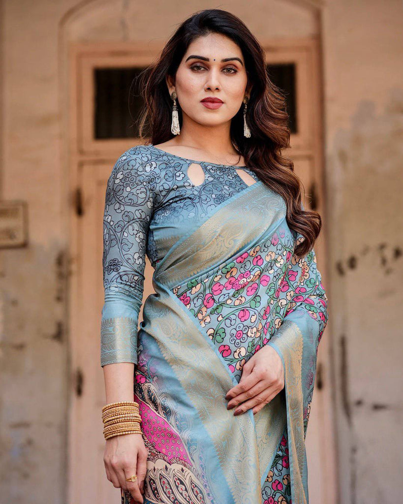 Sky Blue Tussar Silk Saree with Floral Weaves and Ornamental Pallu Design DIGITAL PRINT