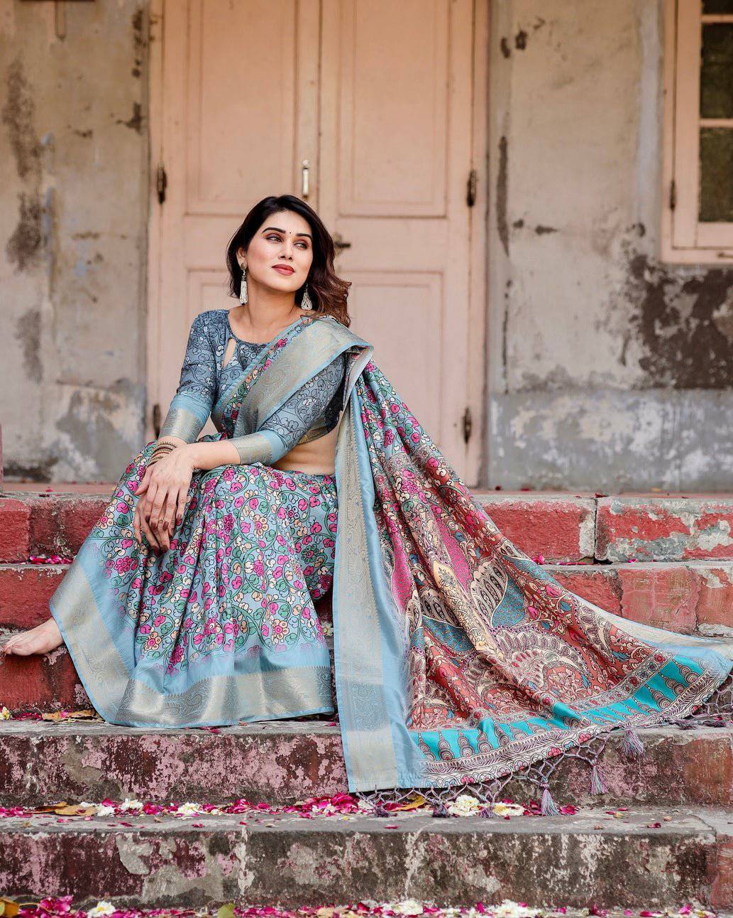 Sky Blue Tussar Silk Saree with Floral Weaves and Ornamental Pallu Design DIGITAL PRINT