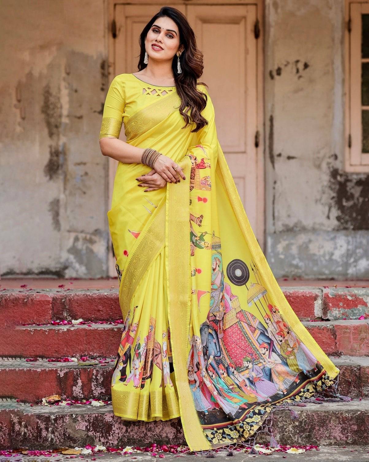 Vibrant Yellow Tussar Silk Saree with Royal Procession Pallu and Zari Accents DIGITAL PRINT Main image