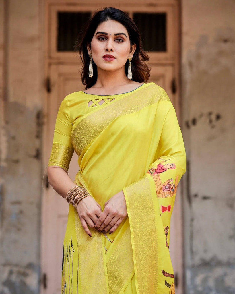 Vibrant Yellow Tussar Silk Saree with Royal Procession Pallu and Zari Accents DIGITAL PRINT