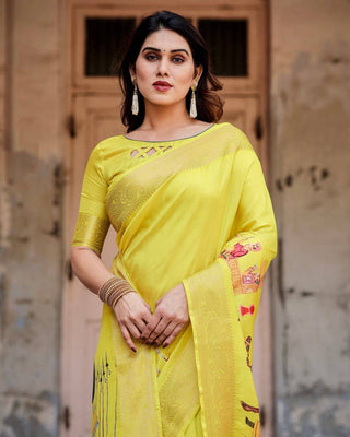 Vibrant Yellow Tussar Silk Saree with Royal Procession Pallu and Zari Accents DIGITAL PRINT