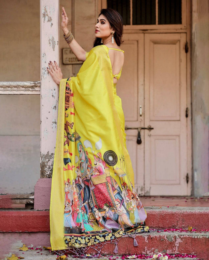 Vibrant Yellow Tussar Silk Saree with Royal Procession Pallu and Zari Accents DIGITAL PRINT