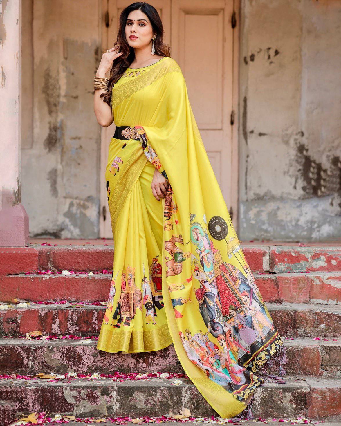 Vibrant Yellow Tussar Silk Saree with Royal Procession Pallu and Zari Accents Secondary image