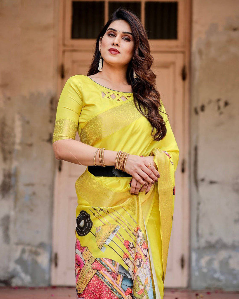 Vibrant Yellow Tussar Silk Saree with Royal Procession Pallu and Zari Accents DIGITAL PRINT