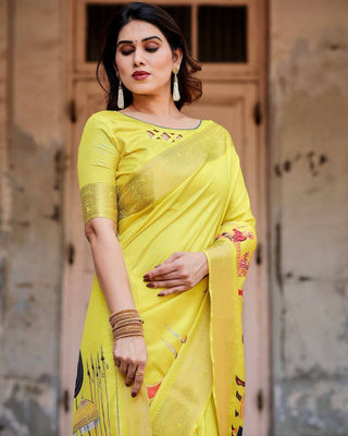 Vibrant Yellow Tussar Silk Saree with Royal Procession Pallu and Zari Accents DIGITAL PRINT