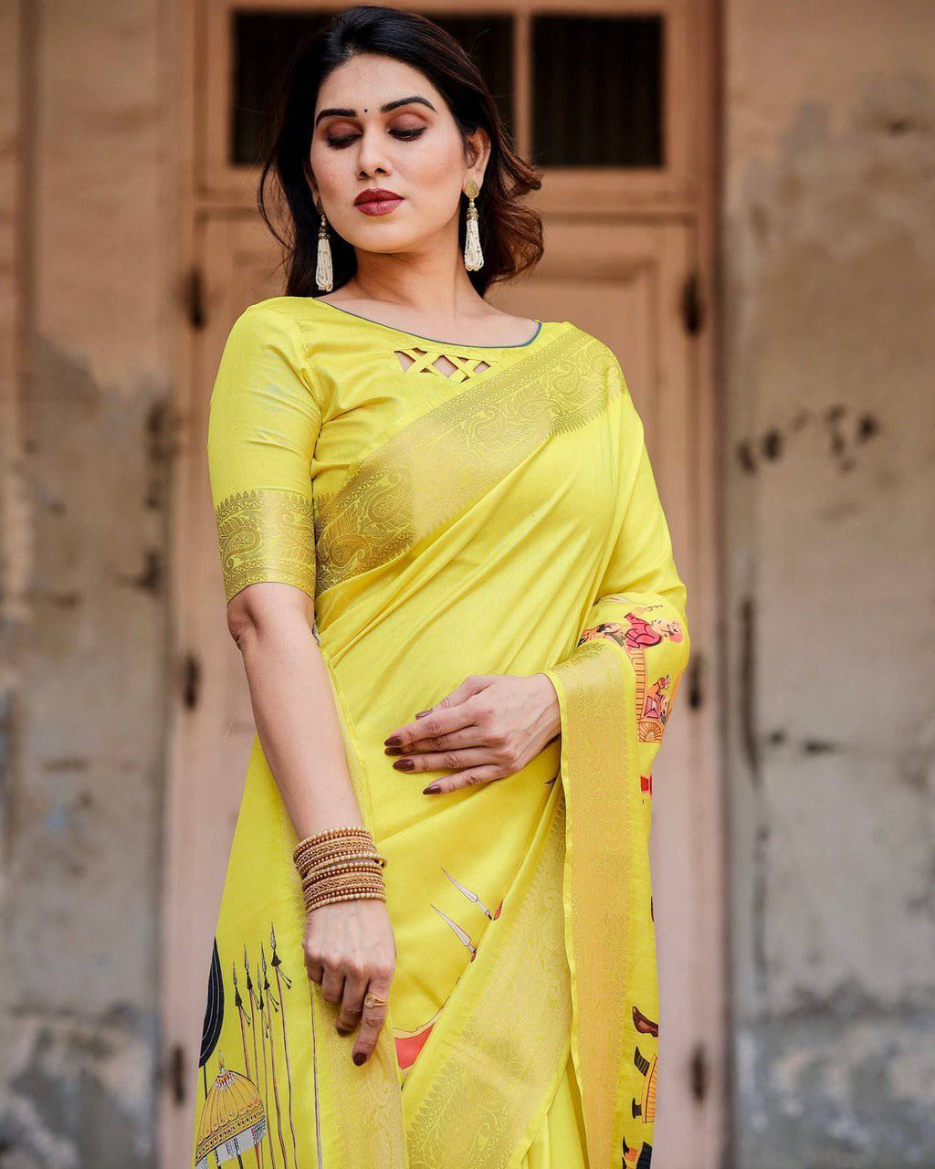 Vibrant Yellow Tussar Silk Saree with Royal Procession Pallu and Zari Accents DIGITAL PRINT
