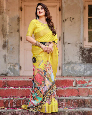 Vibrant Yellow Tussar Silk Saree with Royal Procession Pallu and Zari Accents DIGITAL PRINT