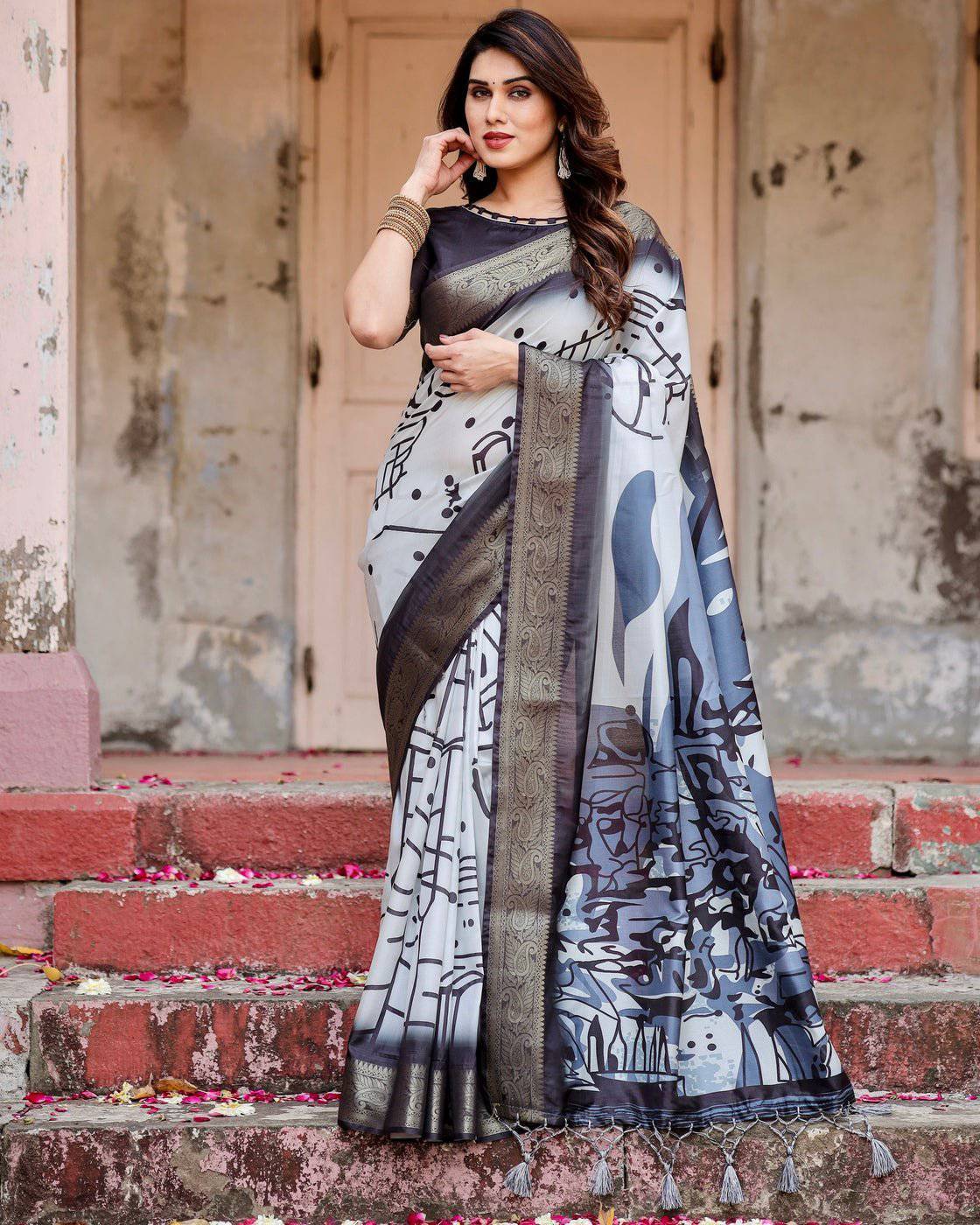 Monochrome Abstract Tussar Silk Saree with Charcoal Gray Zari Border DIGITAL PRINT