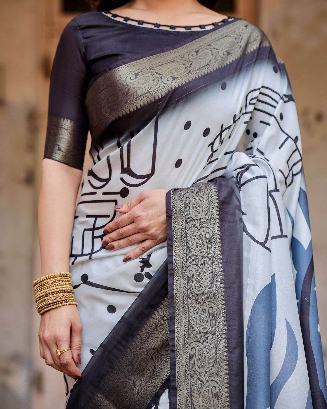 Monochrome Abstract Tussar Silk Saree with Charcoal Gray Zari Border DIGITAL PRINT
