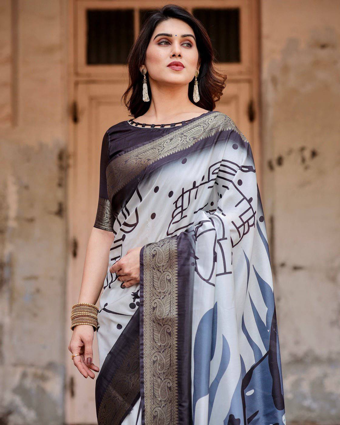 Monochrome Abstract Tussar Silk Saree with Charcoal Gray Zari Border DIGITAL PRINT