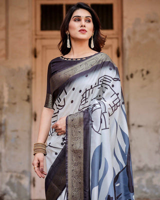 Monochrome Abstract Tussar Silk Saree with Charcoal Gray Zari Border DIGITAL PRINT