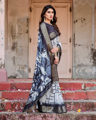 Monochrome Abstract Tussar Silk Saree with Charcoal Gray Zari Border DIGITAL PRINT