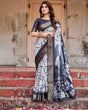 Load image into Gallery viewer, Monochrome Abstract Tussar Silk Saree with Charcoal Gray Zari Border DIGITAL PRINT