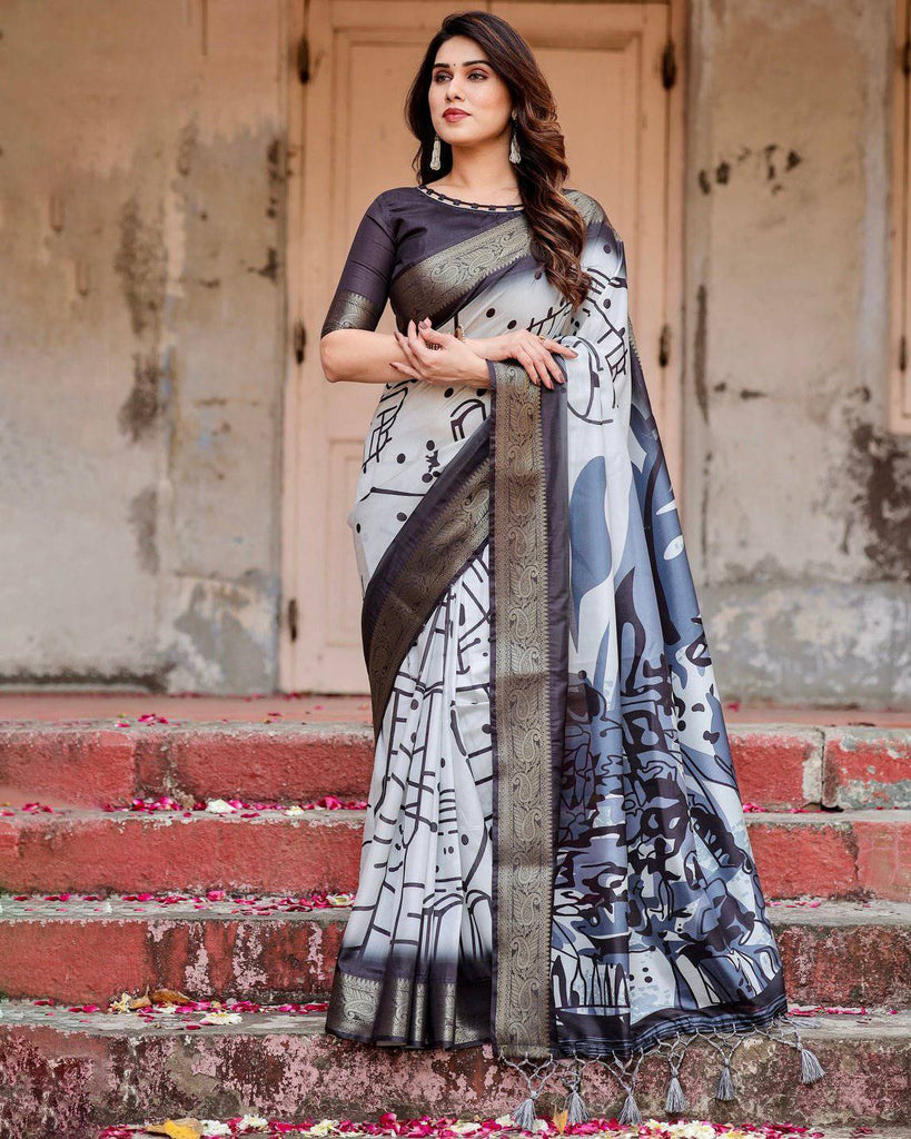 Monochrome Abstract Tussar Silk Saree with Charcoal Gray Zari Border DIGITAL PRINT