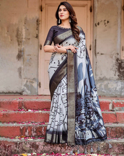 Monochrome Abstract Tussar Silk Saree with Charcoal Gray Zari Border DIGITAL PRINT