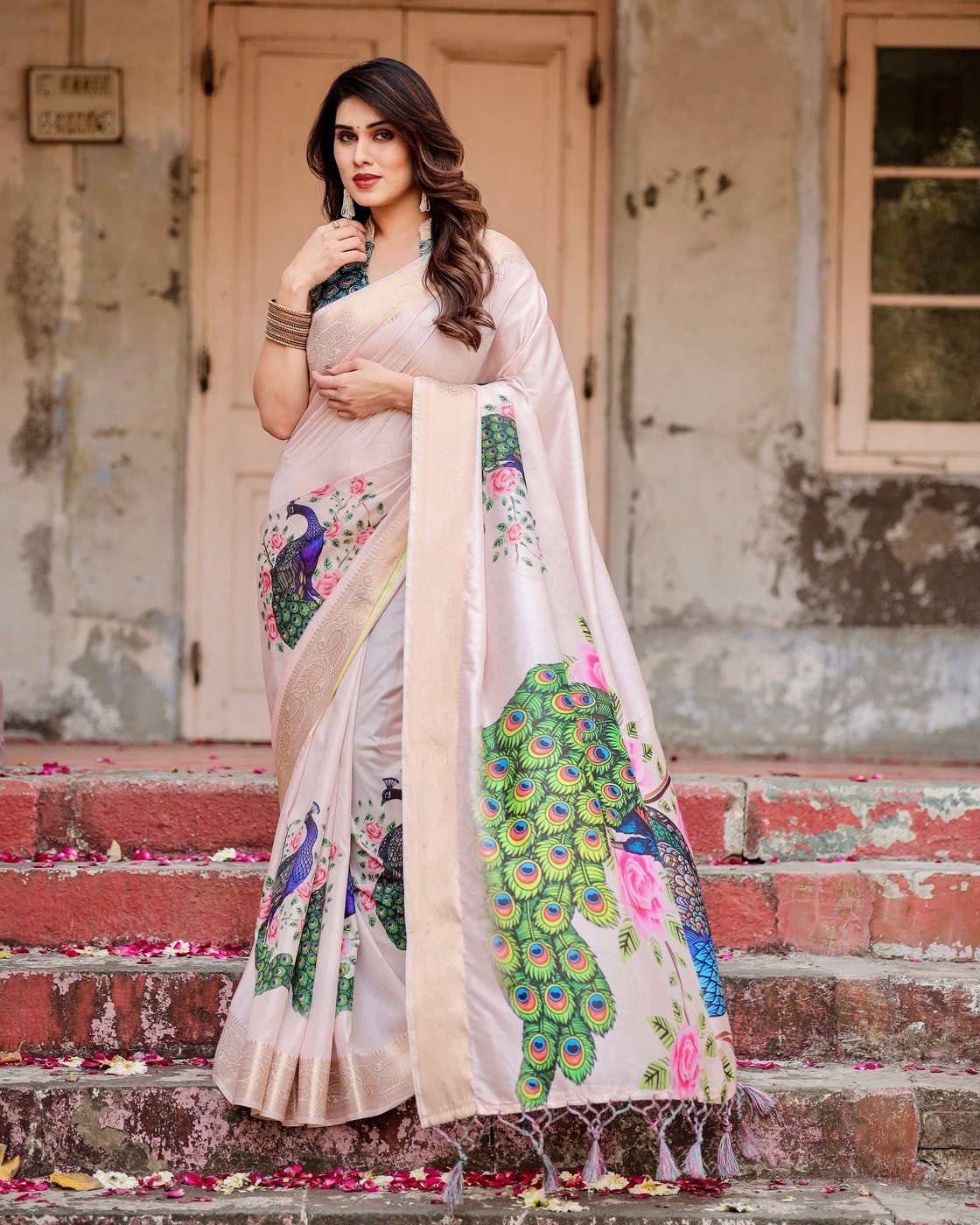 Soft Pastel Pink Tussar Silk Saree with Hand-Painted Peacock and Floral Motifs DIGITAL PRINT Main image