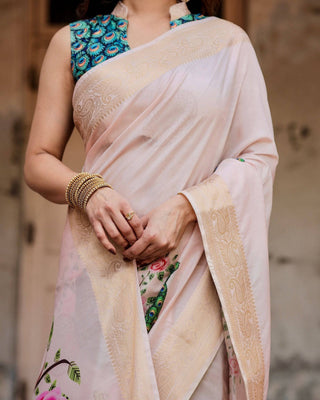 Soft Pastel Pink Tussar Silk Saree with Hand-Painted Peacock and Floral Motifs DIGITAL PRINT