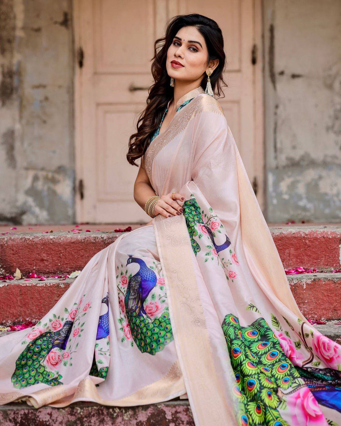 Soft Pastel Pink Tussar Silk Saree with Hand-Painted Peacock and Floral Motifs DIGITAL PRINT