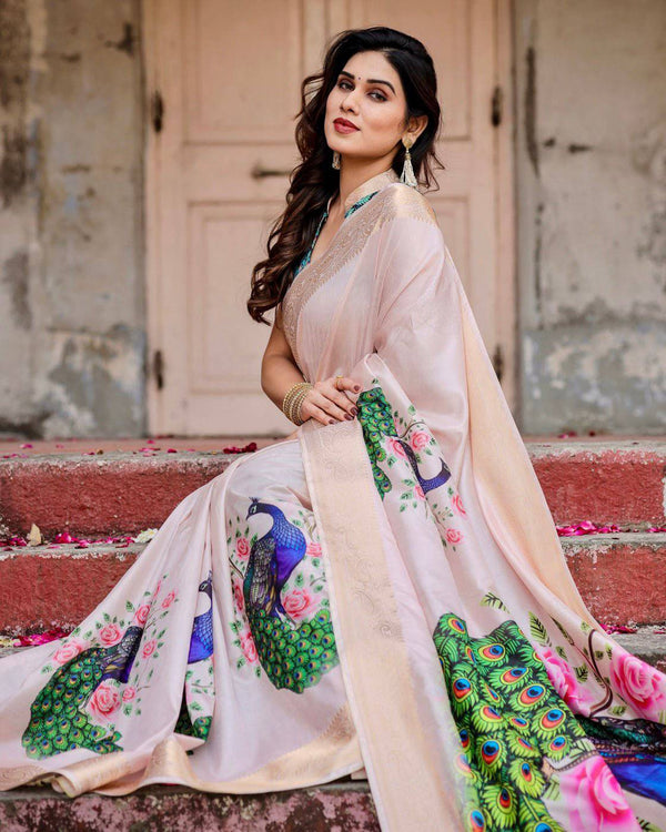 Soft Pastel Pink Tussar Silk Saree with Hand-Painted Peacock and Floral Motifs DIGITAL PRINT