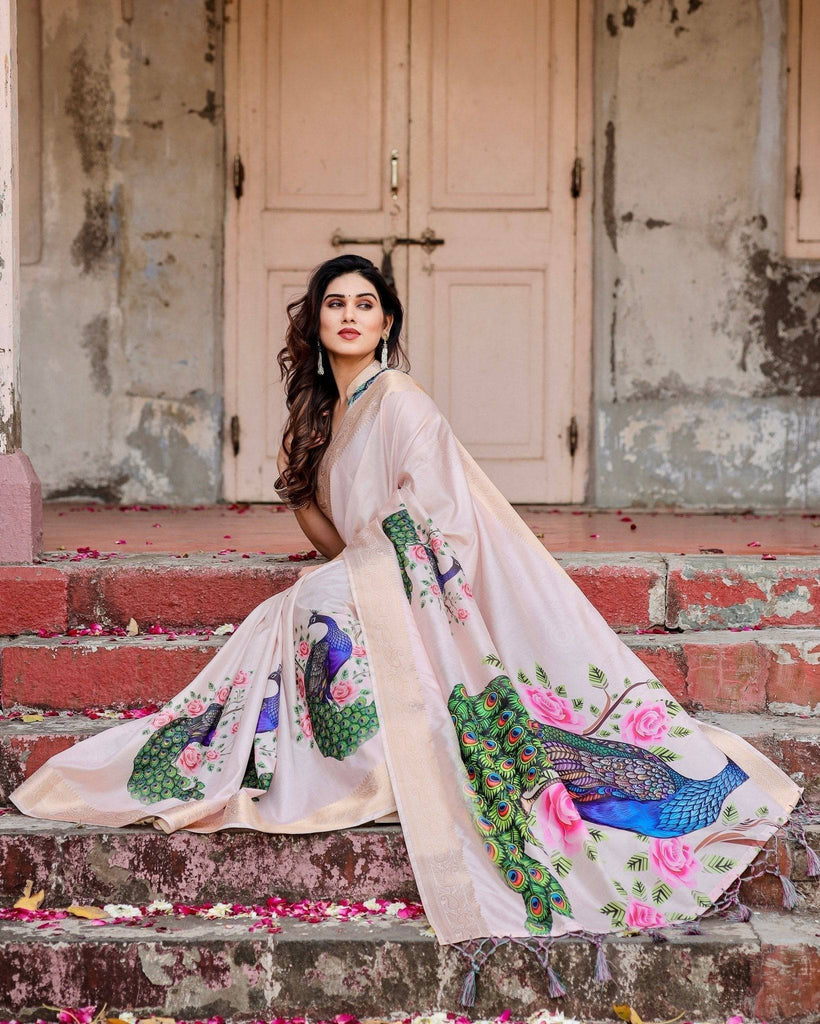 Soft Pastel Pink Tussar Silk Saree with Hand-Painted Peacock and Floral Motifs DIGITAL PRINT