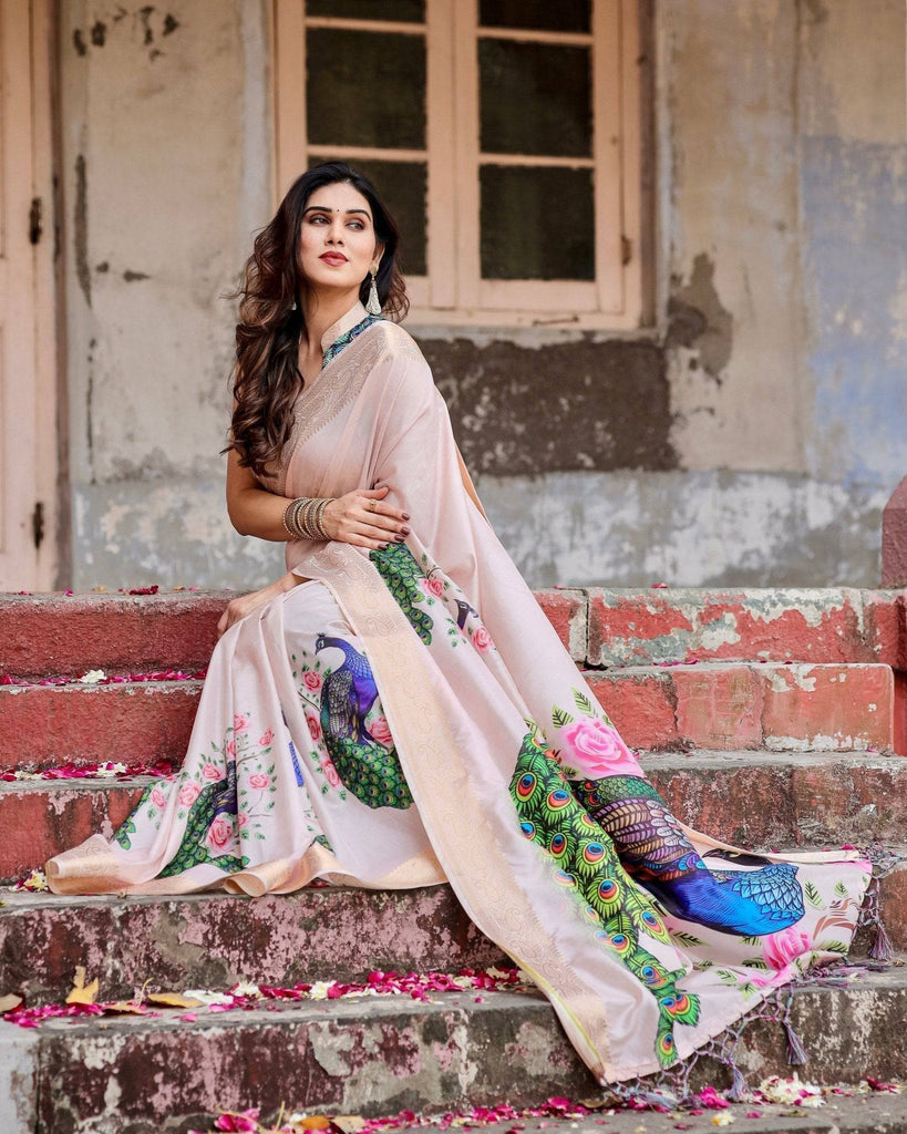 Soft Pastel Pink Tussar Silk Saree with Hand-Painted Peacock and Floral Motifs DIGITAL PRINT