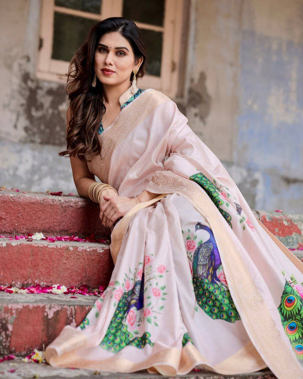 Soft Pastel Pink Tussar Silk Saree with Hand-Painted Peacock and Floral Motifs DIGITAL PRINT