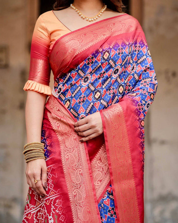 Royal Blue and Red Tussar Silk Saree with Geometric Patterns and Ornate Zari Border DIGITAL PRINT