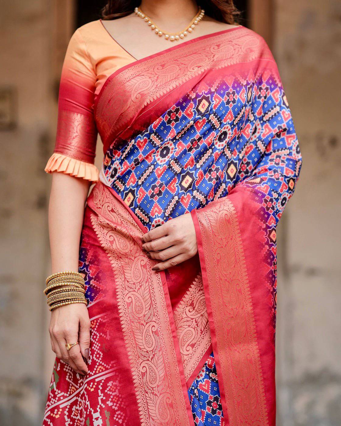 Royal Blue and Red Tussar Silk Saree with Geometric Patterns and Ornate Zari Border DIGITAL PRINT