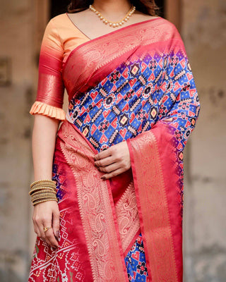 Royal Blue and Red Tussar Silk Saree with Geometric Patterns and Ornate Zari Border DIGITAL PRINT