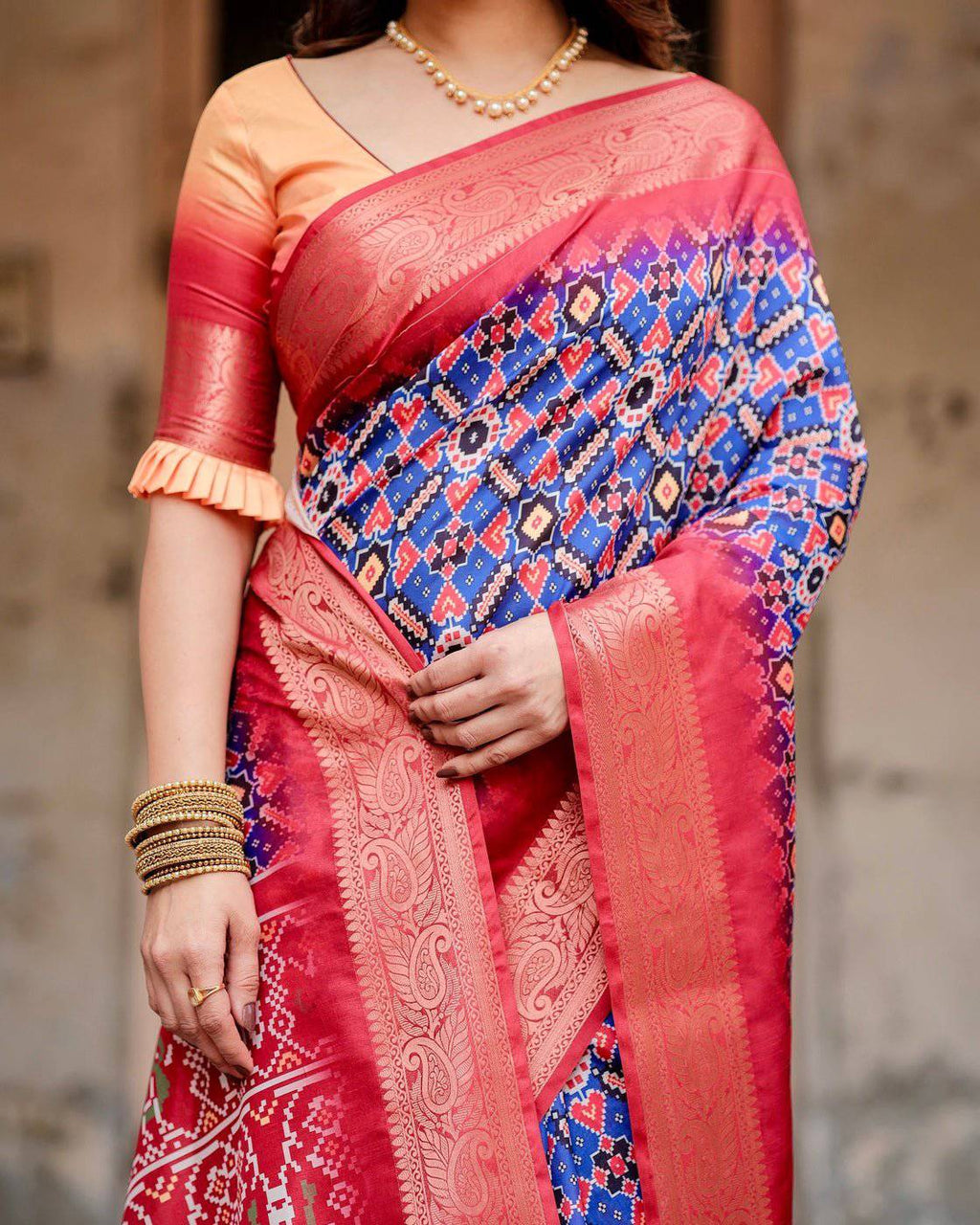 Royal Blue and Red Tussar Silk Saree with Geometric Patterns and Ornate Zari Border DIGITAL PRINT