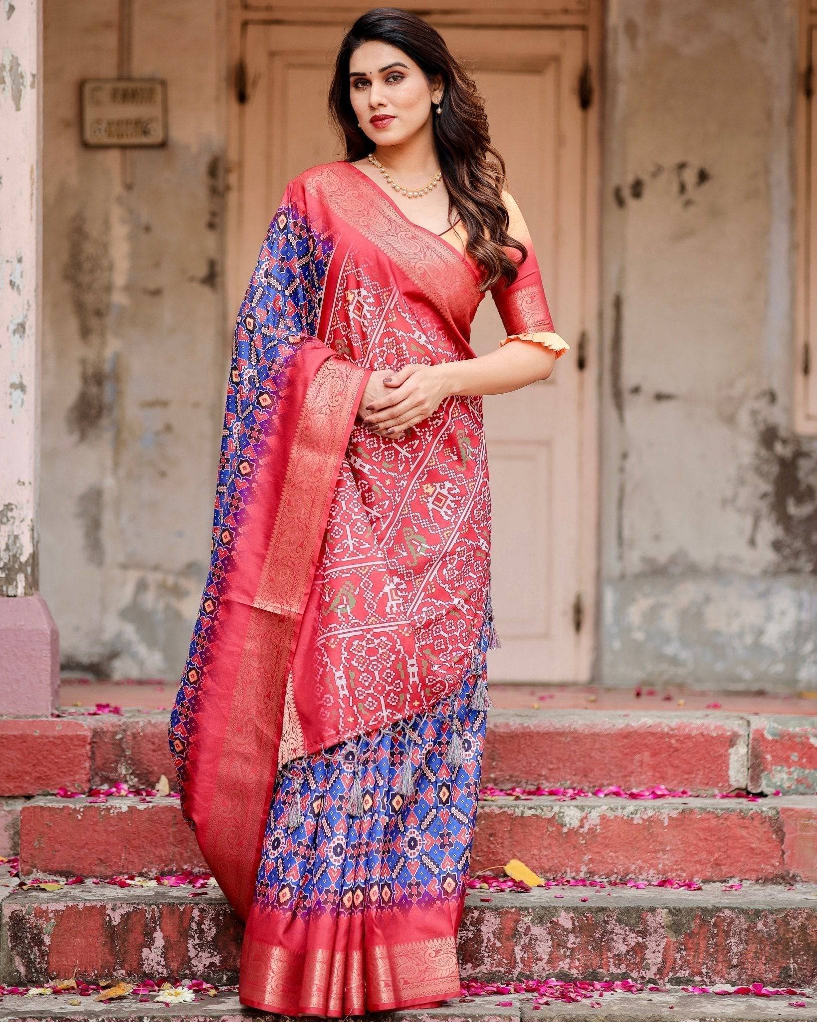 Royal Blue and Red Tussar Silk Saree with Geometric Patterns and Ornate Zari Border Secondary image