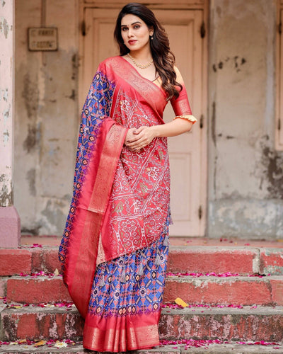 Royal Blue and Red Tussar Silk Saree with Geometric Patterns and Ornate Zari Border DIGITAL PRINT