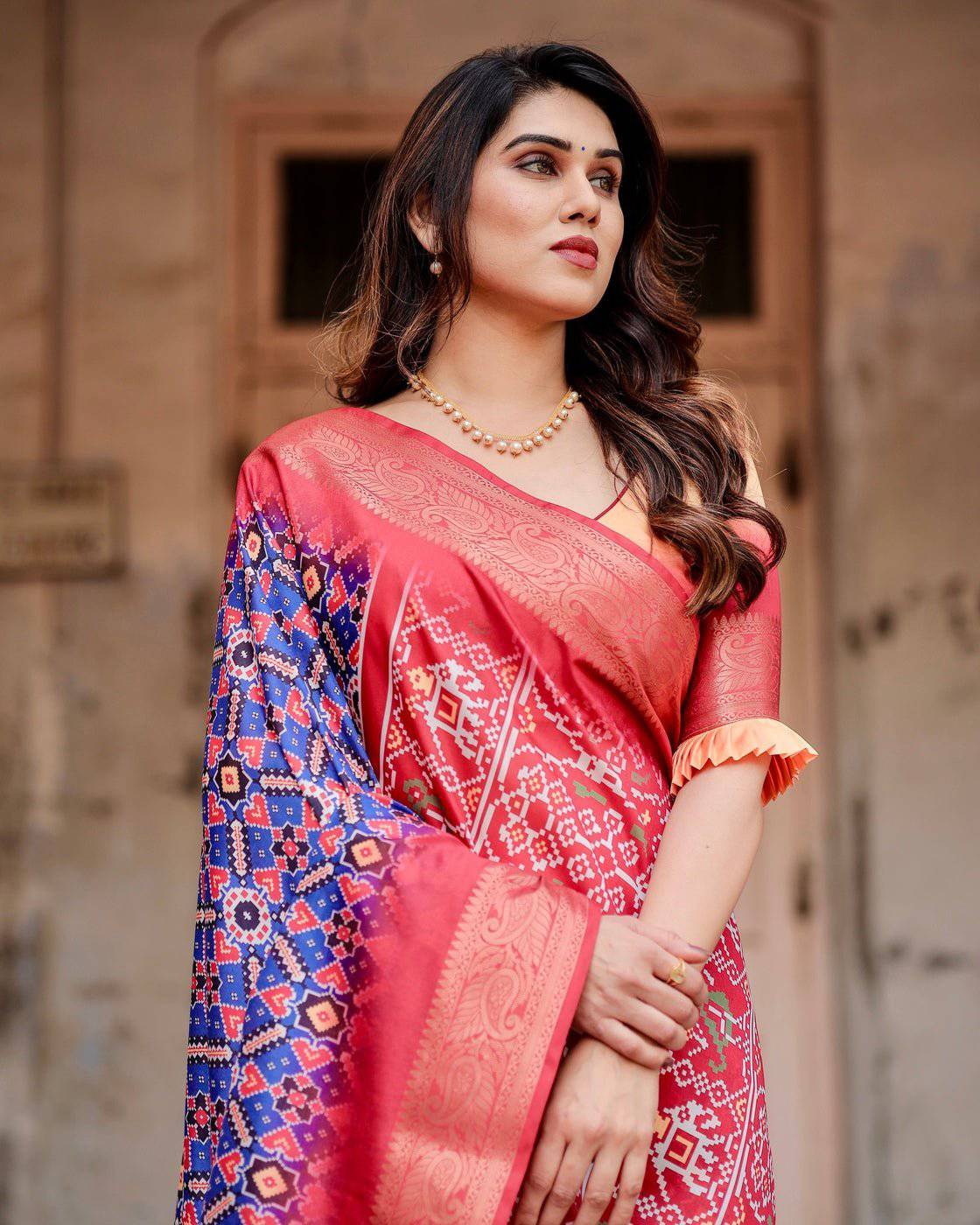 Royal Blue and Red Tussar Silk Saree with Geometric Patterns and Ornate Zari Border DIGITAL PRINT