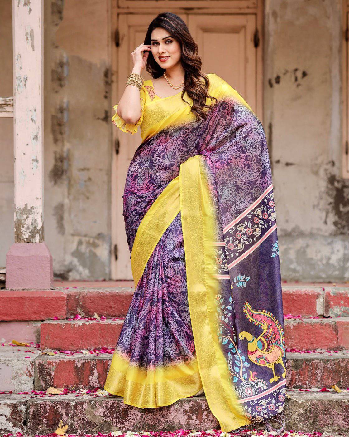 Purple and Yellow Tussar Silk Saree with Artistic Peacock Pallu and Zari Border DIGITAL PRINT Main image