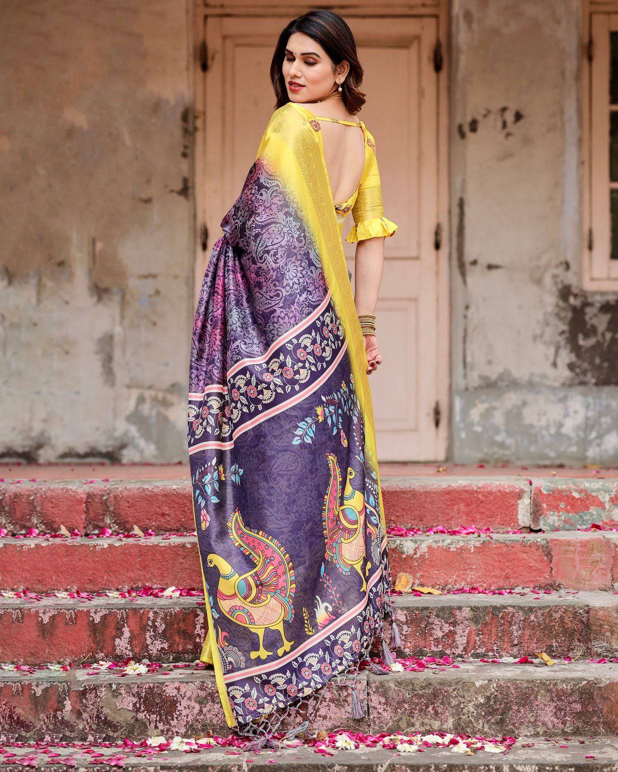 Purple and Yellow Tussar Silk Saree with Artistic Peacock Pallu and Zari Border DIGITAL PRINT