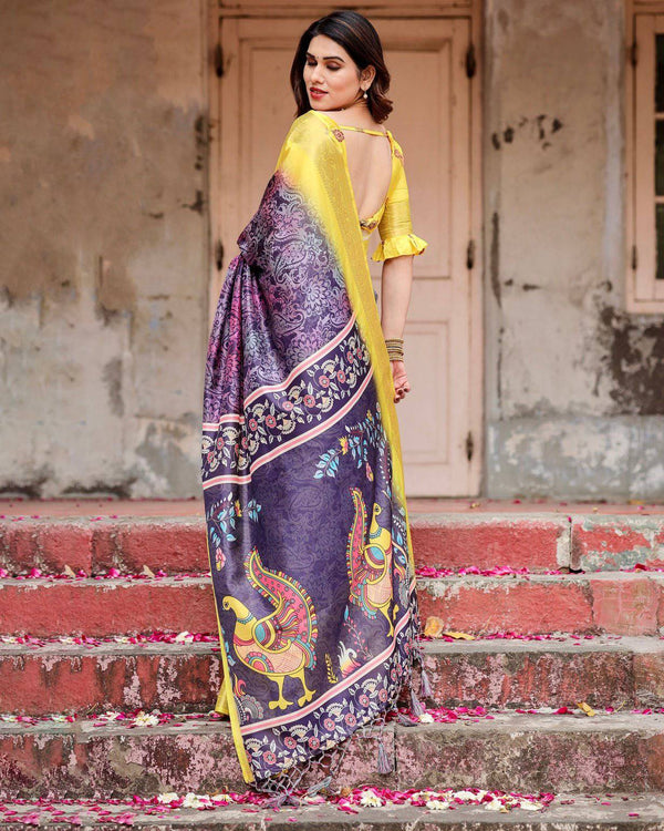 Purple and Yellow Tussar Silk Saree with Artistic Peacock Pallu and Zari Border DIGITAL PRINT