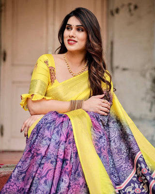 Purple and Yellow Tussar Silk Saree with Artistic Peacock Pallu and Zari Border DIGITAL PRINT