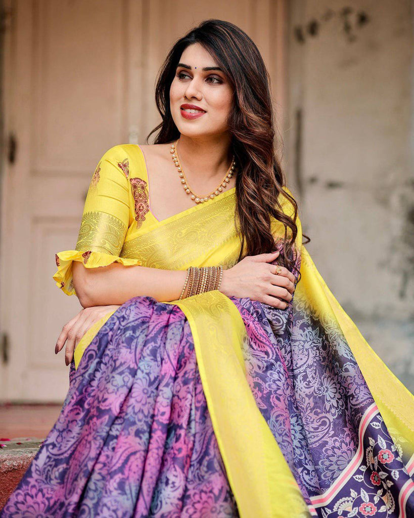 Purple and Yellow Tussar Silk Saree with Artistic Peacock Pallu and Zari Border DIGITAL PRINT