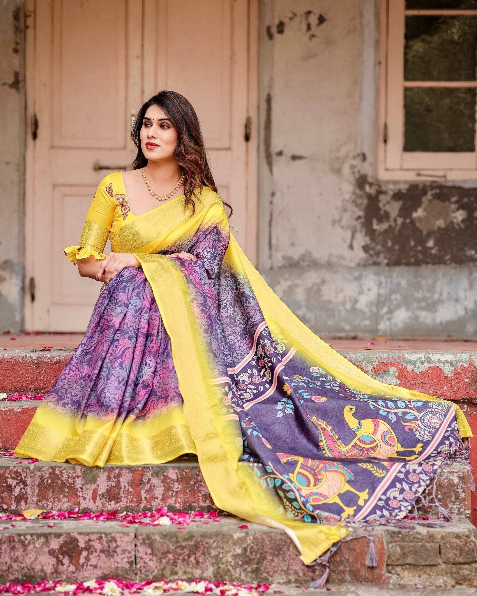 Purple and Yellow Tussar Silk Saree with Artistic Peacock Pallu and Zari Border DIGITAL PRINT