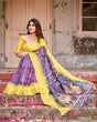 Load image into Gallery viewer, Purple and Yellow Tussar Silk Saree with Artistic Peacock Pallu and Zari Border DIGITAL PRINT