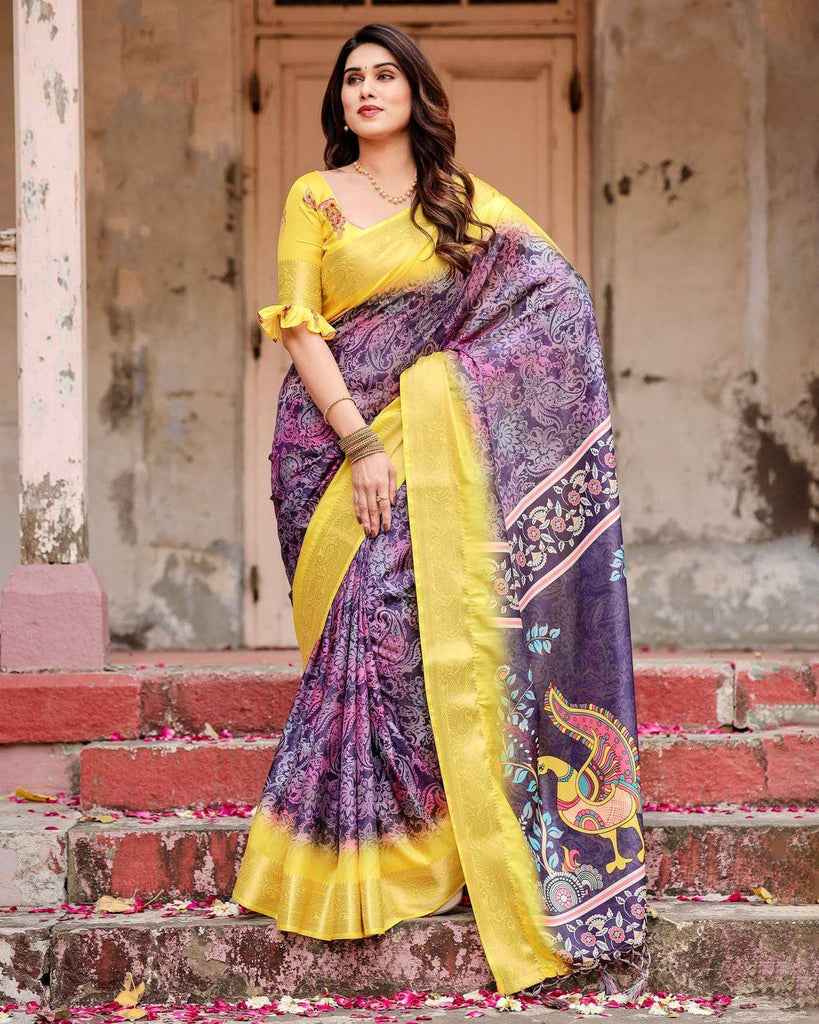 Purple and Yellow Tussar Silk Saree with Artistic Peacock Pallu and Zari Border DIGITAL PRINT