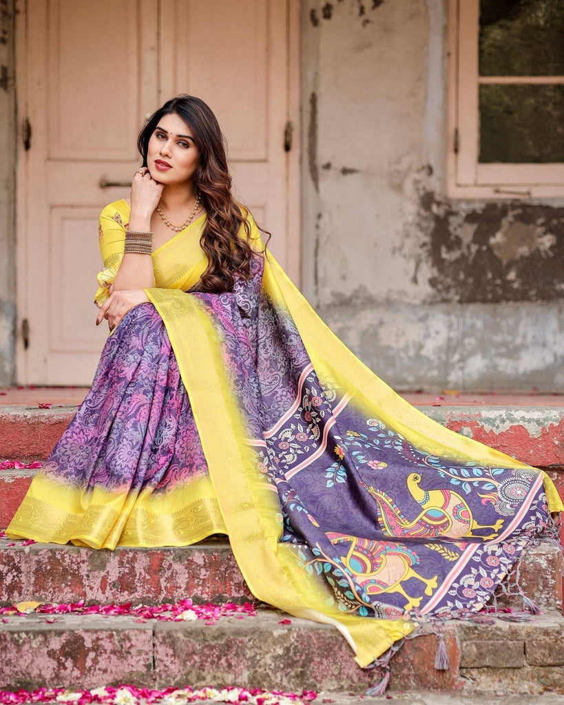 Purple and Yellow Tussar Silk Saree with Artistic Peacock Pallu and Zari Border DIGITAL PRINT