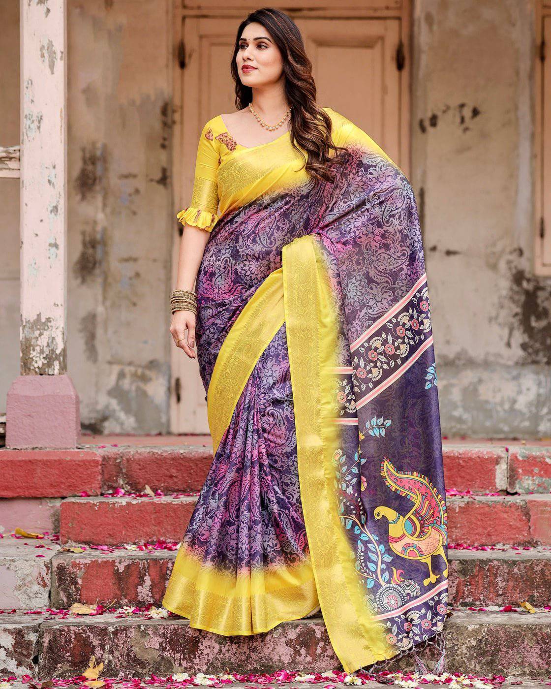 Purple and Yellow Tussar Silk Saree with Artistic Peacock Pallu and Zari Border Secondary image