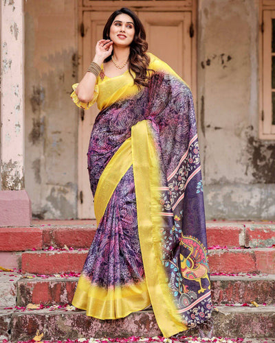 Purple and Yellow Tussar Silk Saree with Artistic Peacock Pallu and Zari Border DIGITAL PRINT
