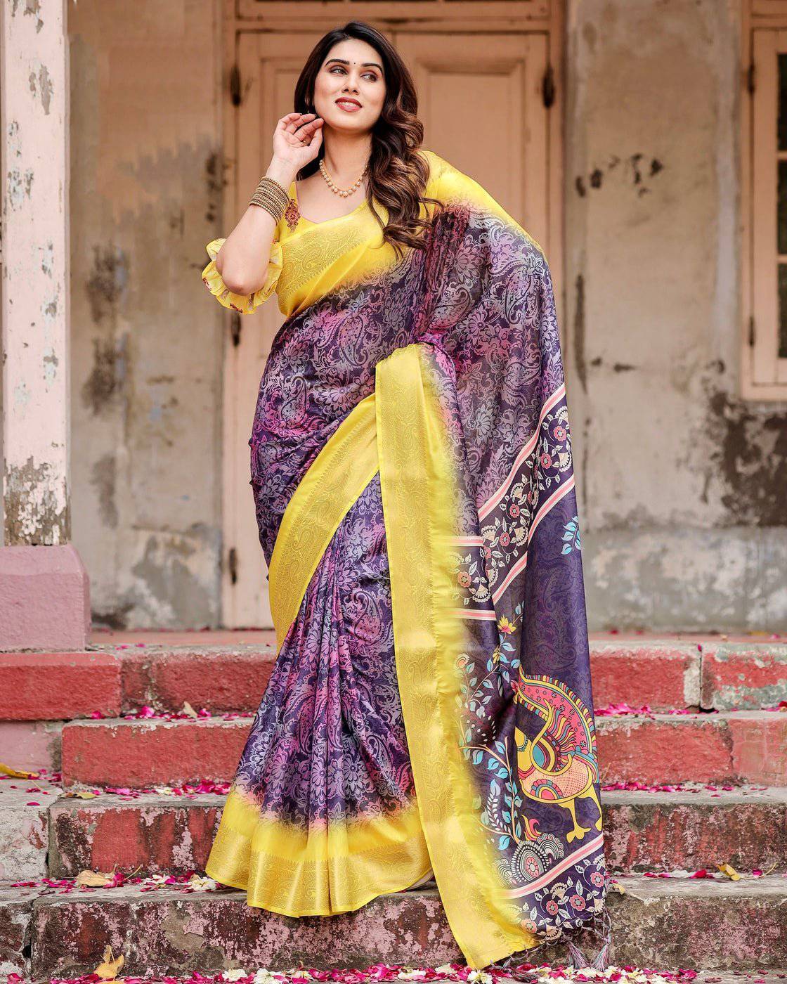 Purple and Yellow Tussar Silk Saree with Artistic Peacock Pallu and Zari Border Secondary image