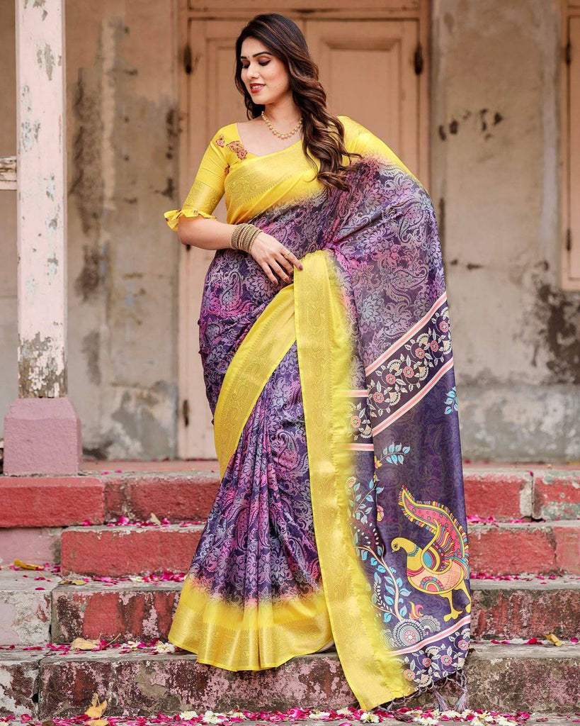 Purple and Yellow Tussar Silk Saree with Artistic Peacock Pallu and Zari Border DIGITAL PRINT