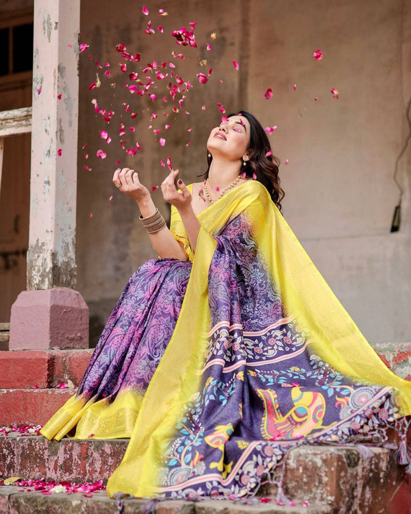 Purple and Yellow Tussar Silk Saree with Artistic Peacock Pallu and Zari Border DIGITAL PRINT
