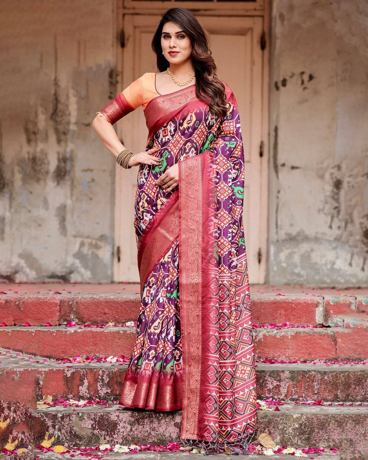 Wine Purple Tussar Silk Saree with Ikat-Inspired Patterns and Rich Zari Border DIGITAL PRINT Main image