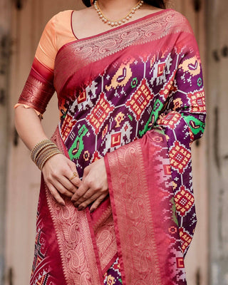 Wine Purple Tussar Silk Saree with Ikat-Inspired Patterns and Rich Zari Border DIGITAL PRINT