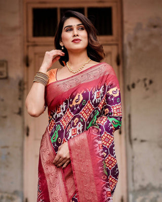Wine Purple Tussar Silk Saree with Ikat-Inspired Patterns and Rich Zari Border DIGITAL PRINT